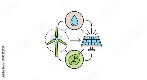 A circular infographic diagram illustrates the interconnectedness of a wind turbine a solar panel a water droplet and a green leaf linked by dashed lines and an arrow on white.