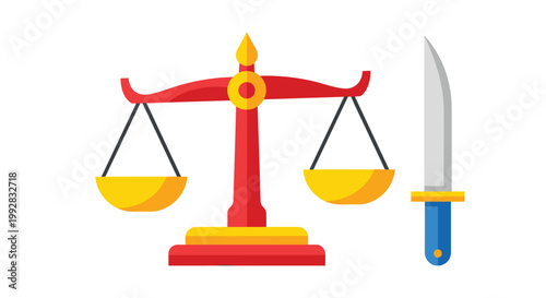 A bold stylized illustration displays a red and yellow balance scale with empty pans on the left distinctly separated from a sharp knife with a blue handle on the right on a white background.
