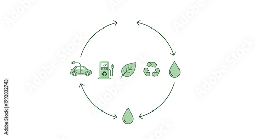 A circular flow of six minimalist green icons including an electric car charging station leaf recycling symbol and water drops is arranged on a pristine white background.