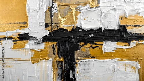 Abstract art piece featuring a closeup of a textured composition combining white, gold, and black colors. It employs oil and acrylic brushstrokes and pallet knife techniques on canvas, utilizing a geo