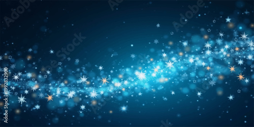An abstract blue winter background features a festive pattern of glowing snowflakes and light particles drifting through a dark night sky design for a holiday wallpaper