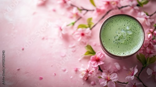 Matcha smoothie and sakura cherry blossom tree,spring season ,drink sweets for banners,Collection of matcha drinks with latte,menu popular japan,cards, flyers,wallpapers,copy space.