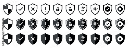 monochrome security shield icons set check cross warning lock vpn wifi symbols grayscale interface elements cyber protection system network safety flat vector design collection