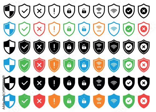 Colorful cyber security shield icons pack protection antivirus firewall vpn wifi lock unlock check cross alert symbols modern flat design isolated vector ui elements collection