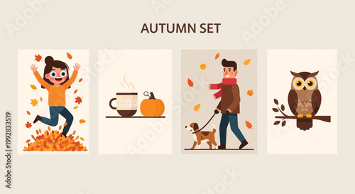 Autumn season illustration featuring happy child and cute owl in warm fall foliage setting for lifestyle design