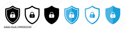 padlock shield security icon set closed open lock protection symbols cybersecurity privacy data safety secure access control black white blue minimal interface design collection