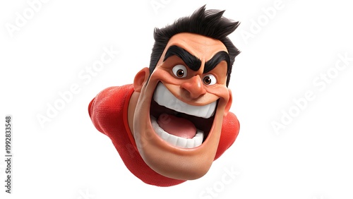 A stylized, cartoony character with exaggerated features and a wide, maniacal grin, rendered in 3D