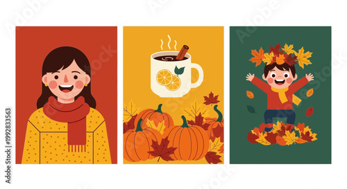 Cheerful young girl wearing warm autumn clothes enjoys cozy fall season with vibrant foliage in bright outdoor light