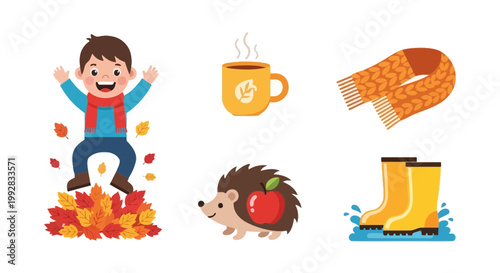 Cozy autumn season illustration featuring warm drinks and fall symbols for lifestyle marketing design on transparent background