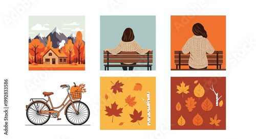 Collection of autumn season illustrations featuring a house landscape woman sitting on a bench bicycle with pumpkin and various fallen leaves in orange tones