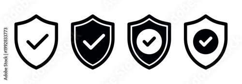 shield security icons black white minimal style check mark protection badge safe symbol cybersecurity defense vector collection isolated modern simple flat design set