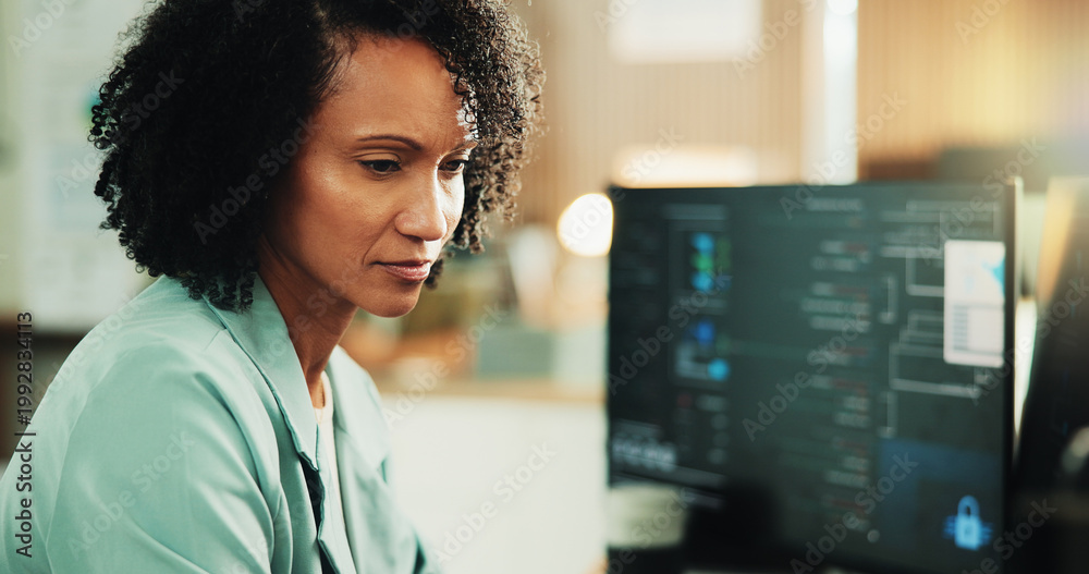 Obraz premium Computer, programmer and research with woman in office for coding, cyber security or cloud computing. Programming, reading and developer with person in tech agency for database update and it solution