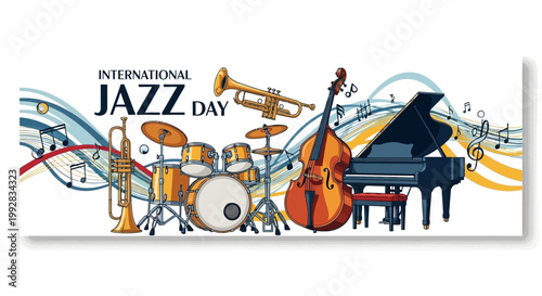 An illustration depicting a jazz ensemble with musical instruments like a piano, trumpet, double bass, and drums against a white backdrop with stylized music notes and flowing lines