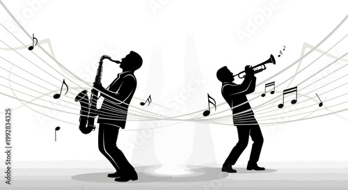 Silhouetted jazz musicians, one playing a saxophone and the other a trumpet, are depicted in a monochromatic illustration with flowing musical staff lines against a white background