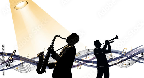 Silhouetted jazz musicians, one playing a saxophone and the other a trumpet, perform against a white background with musical notes and swirling lines, illuminated by a spotlight