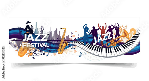 Illustrative banner design showing silhouetted dancers and musical instruments like a saxophone and piano keyboard against a festive abstract background, creating a vibrant and energetic