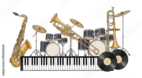 Illustrated jazz instruments including a saxophone, trumpet, trombone, and drum set arranged above a piano keyboard and vinyl records against a white background in a vibrant and colorful
