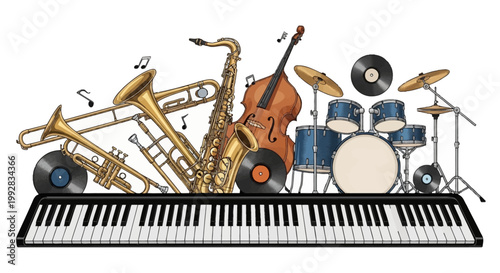 Overhead shot of jazz instruments including a saxophone, trumpet, piano keys, drums, and vinyl records arranged in a horizontal composition with musical notes floating against a plain white