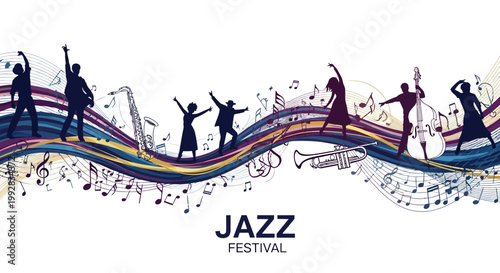 Silhouetted jazz musicians and dancers are depicted with musical notes and instruments on a colorful wavy design against a white background, creating a vibrant and celebratory jazz festival