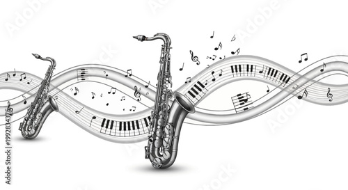 Illustrated silver saxophones are featured with swirling musical notes and piano keys in a horizontal composition on a clean white background, creating a vibrant and rhythmic visual display