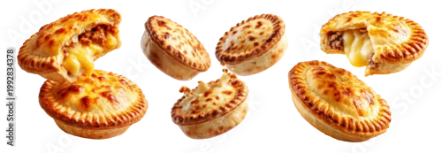 Panel kuchenny z motywem Set of mince and cheese pie with golden brown crust, mashed potato and cheese topping on white background, New Zealand fast food