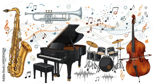Detailed illustration showcasing an array of jazz instruments including a saxophone, trumpet, piano, drum set, and bass, all arranged against a flowing background of musical notes and sound