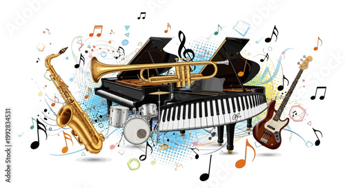 Musical instrument illustrations showcasing a saxophone, trumpet, piano, drums, and guitar, arranged with scattered musical notes and colorful swirls against a white background