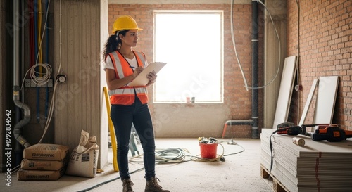 A young woman wearing a yellow hard hat and an orange safety vest stands in a construction site, holding a clipboard and looking at a window. She is inspecting the progress of the building project.