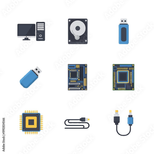 Collection of Computer Hardware and Electronic Components Icons.