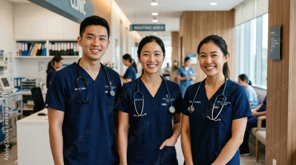 Fototapeta premium Three young Asian healthcare professionals stand together smiling in a modern hospital waiting area. They are wearing dark blue scrubs with their names and titles printed on them.