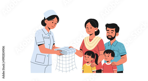 In support of World Malaria Day and malaria awareness, a kind nurse provides a mosquito net to a family with children, conveying a message of prevention in a vibrant, vector illustration