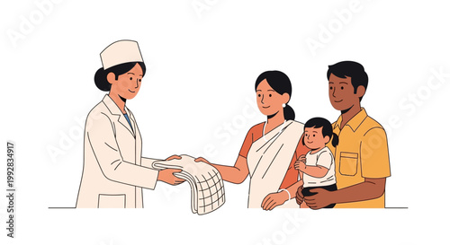 For World Malaria Day, a health worker provides mosquito netting to a family with a young child in this vector illustration, promoting malaria awareness and prevention as part of a public