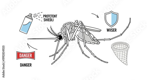 On World Malaria Day, a health poster illustrates mosquito prevention with a detailed drawing of a mosquito surrounded by protective measures like insect repellent and a net