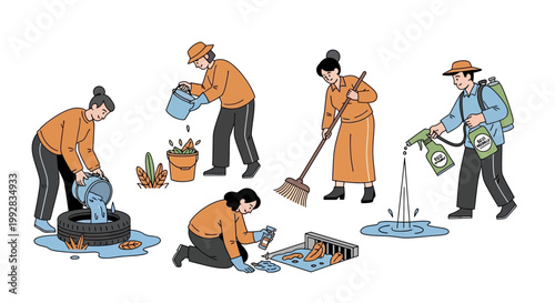 Illustrative health poster promoting World Malaria Day and malaria awareness, featuring diverse individuals actively participating in mosquito prevention campaign activities, set