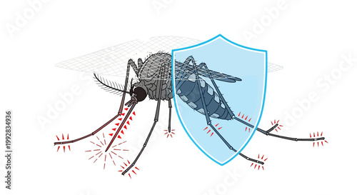 This World Malaria Day malaria awareness poster depicts mosquito prevention with a mosquito protected by a shield, presented in a vector illustration style against a clean white background
