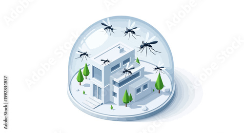 A health poster for World Malaria Day depicts a house protected by a glass dome from mosquitoes, promoting malaria awareness and prevention campaign, rendered with a clean, isometric style