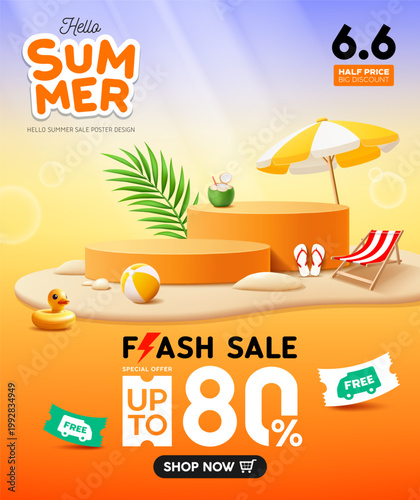 Summer flash sale, orange podium display, beach umbrella, coconut leaf, beach bed, beach ball on island beach poster flyer design, on orange background