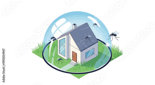 Isometric illustration promoting World Malaria Day and malaria awareness, showing a house protected by a mosquito prevention campaign dome, with a clean white background and graphic style