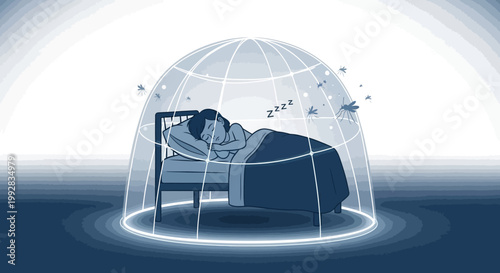 In this World Malaria Day malaria awareness image, a person sleeps peacefully under a protective dome, symbolizing mosquito prevention campaign strategies with a serene monochromatic