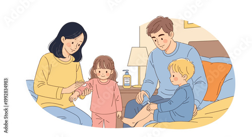 In a hand-drawn illustration promoting World Malaria Day, a caring mother applies mosquito repellent to her daughter's arm, while the father and son sit nearby in a cozy bedroom setting