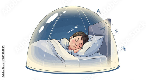 As a World Malaria Day awareness campaign image, a sleeping woman rests peacefully under a mosquito net in bed, with a health poster style and a focus on mosquito prevention against a clean