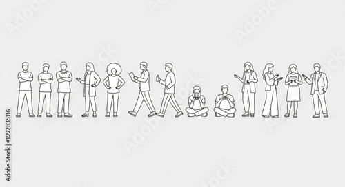 Diverse group of people standing and sitting in a line.