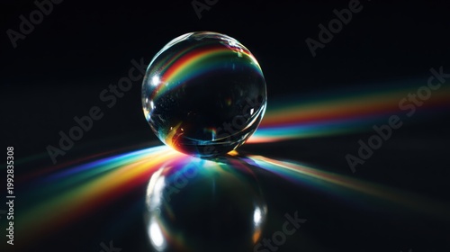 Transparent glass sphere refracting rainbow light on deep black background, sharp reflections, strong contrast, minimal composition with large space