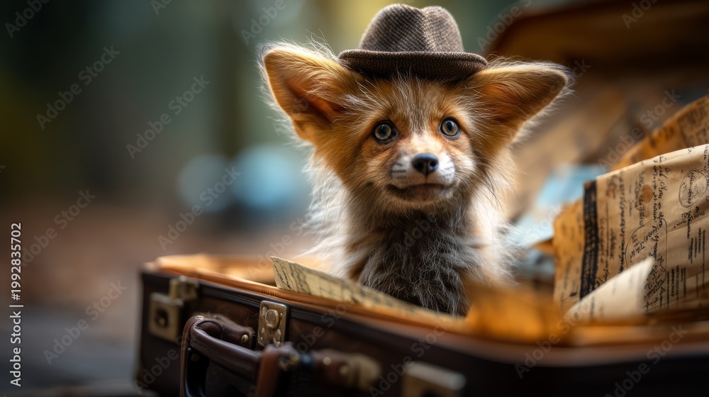 Fototapeta premium Fox Detective Wearing Hat Sitting Inside Open Suitcase in Forest