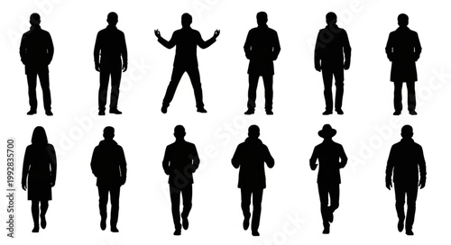 Collection of Diverse Human Silhouettes Standing and Walking.