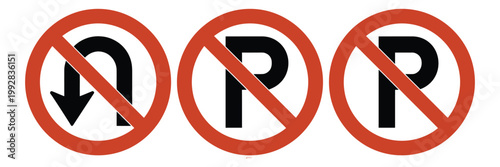 No U Turn No Parking No Right Turn Road Signs Vector Set, traffic prohibition symbols, red circle slash road safety signage
