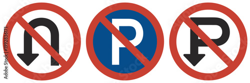 No U Turn No Parking No Right Turn Road Signs Vector Set, traffic prohibition symbols, red circle slash road safety signage