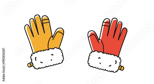 Simple color block illustration of a pair of warm winter gloves with white furry cuffs in bright yellow and red colors.