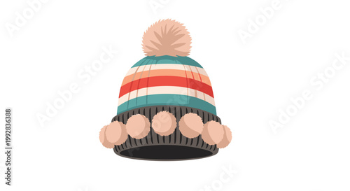 Stylish winter beanie hat featuring multi colored stripes and decorative pom-poms around the brim and on top.