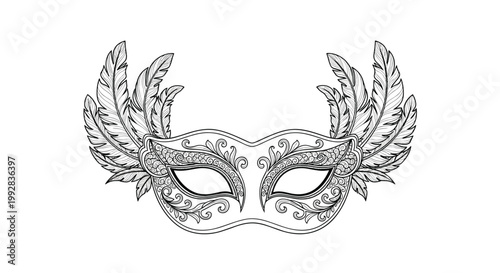 Intricate black and white line art drawing of a masquerade mask decorated with floral patterns and feathers.